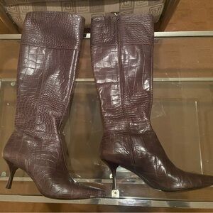 Brown Cole Haan Leather Crocodile Knee High Boots